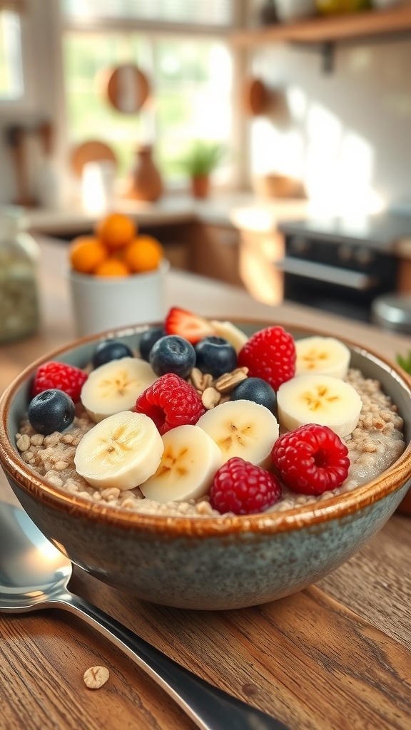A bowl of quinoa oatmeal topped with berries and nuts, served in a cozy kitchen.